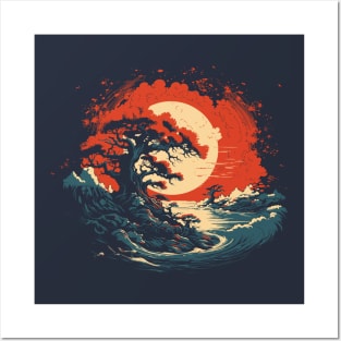 Bonsai tree in the sea at sunset Posters and Art